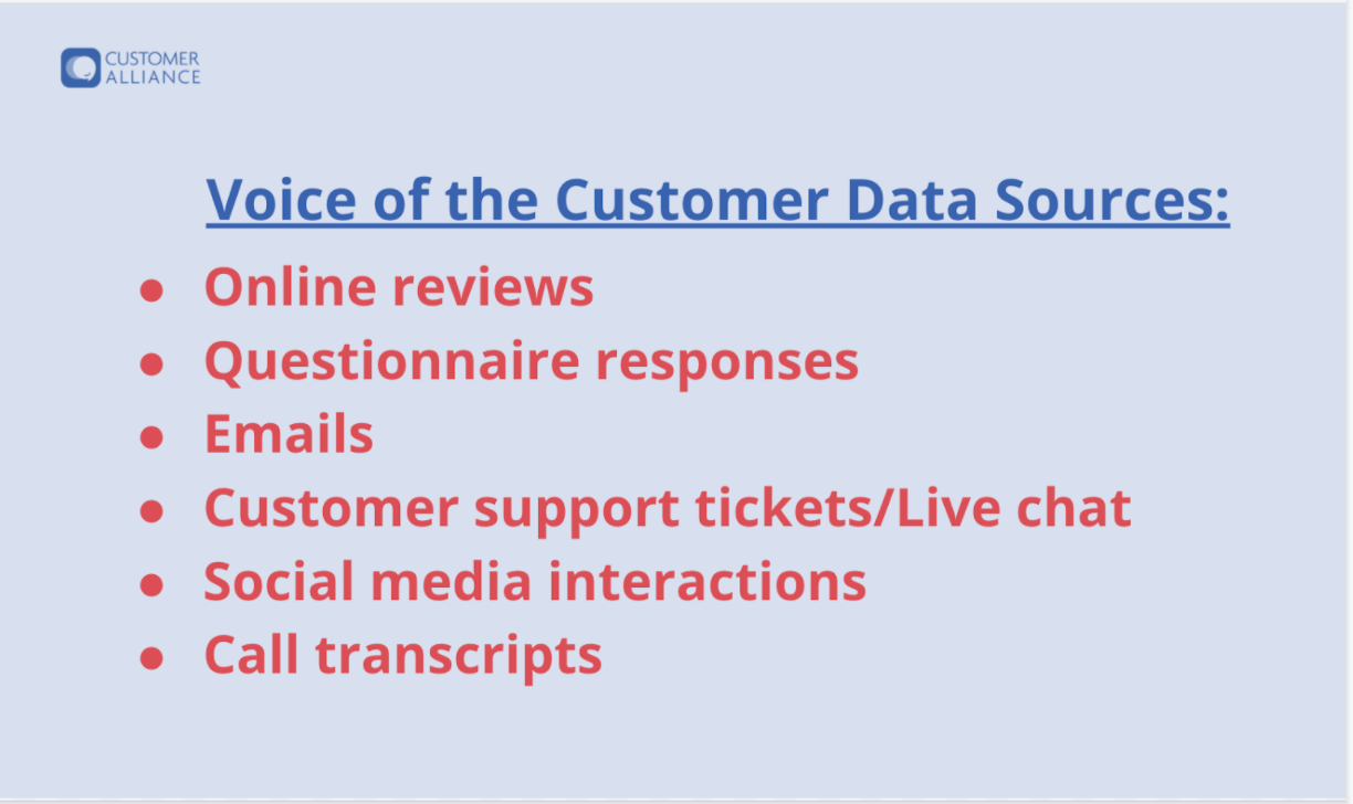 Bullet points listing different Voice of the customer data sources