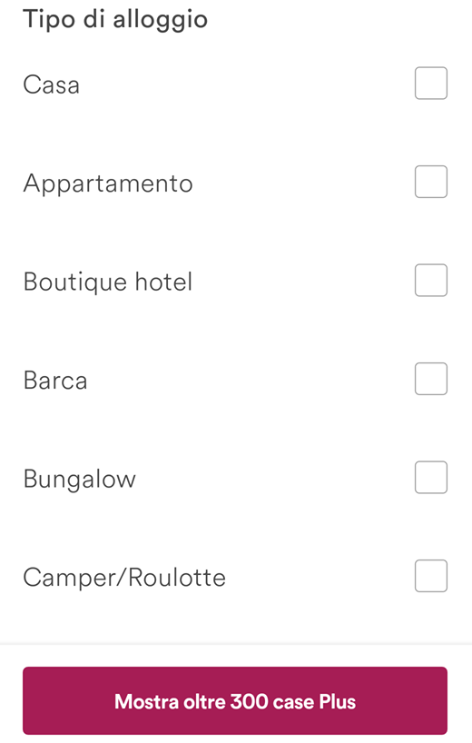 schermata di ricerca per tipologia di alloggio su Airbnb