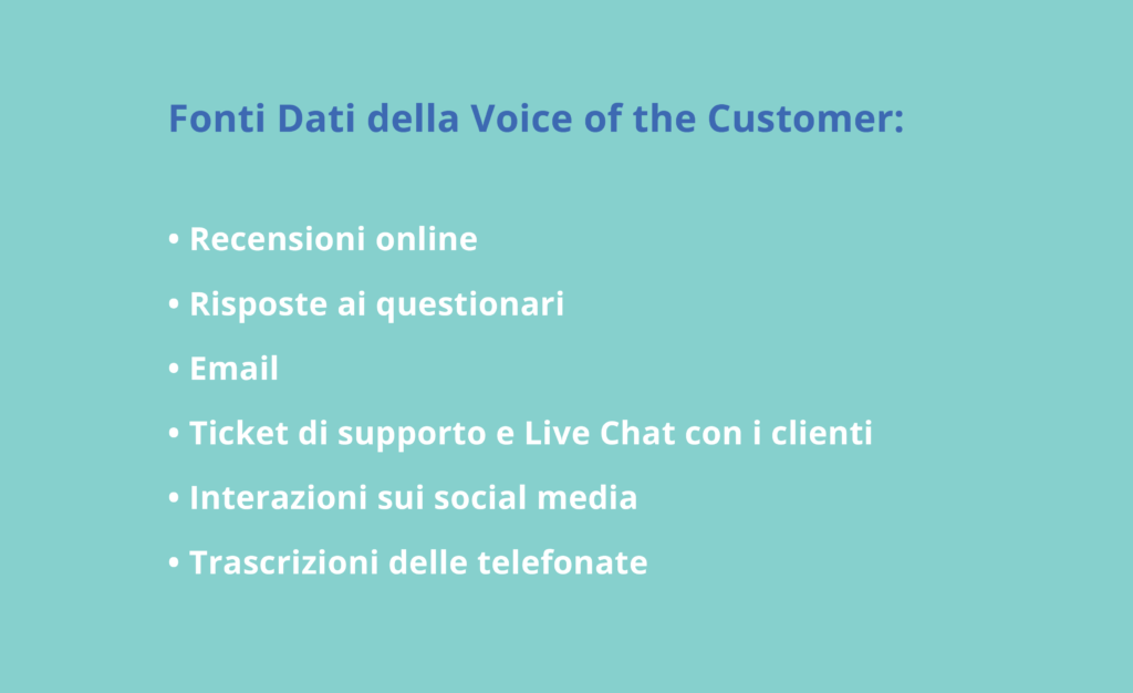 Le fonti dalle quali si possono ottenere dei dati utili per analizzare la Voice of the Customer