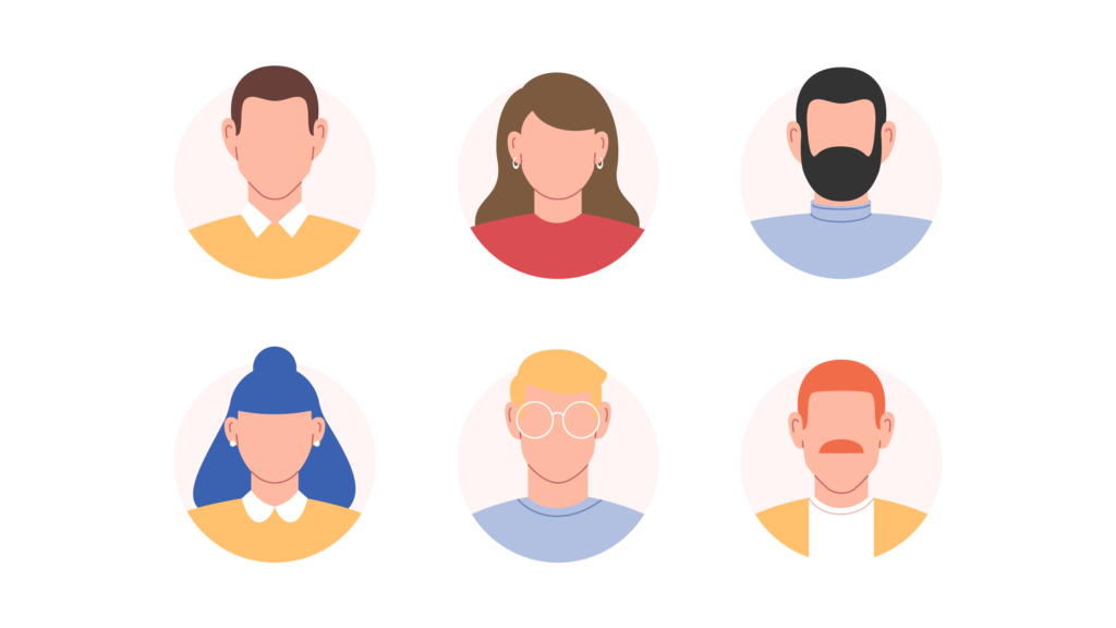 A selection of 6 different characters representing different customer personas you might use for a customer journey map.