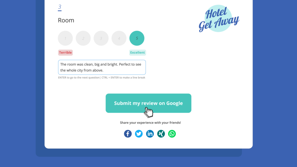 A customer survey with a button inviting guests to submit their review on Google