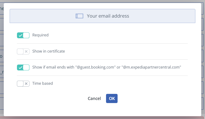 A product screenshot with the option “Show if email ends with @guest.booking.com"