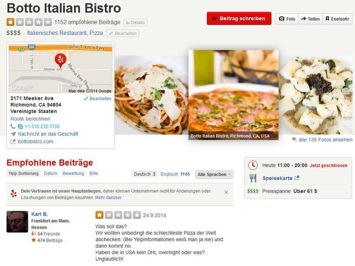 Kalifornisches Bistro belohnt seine Gäste für schlechte Bewertungen